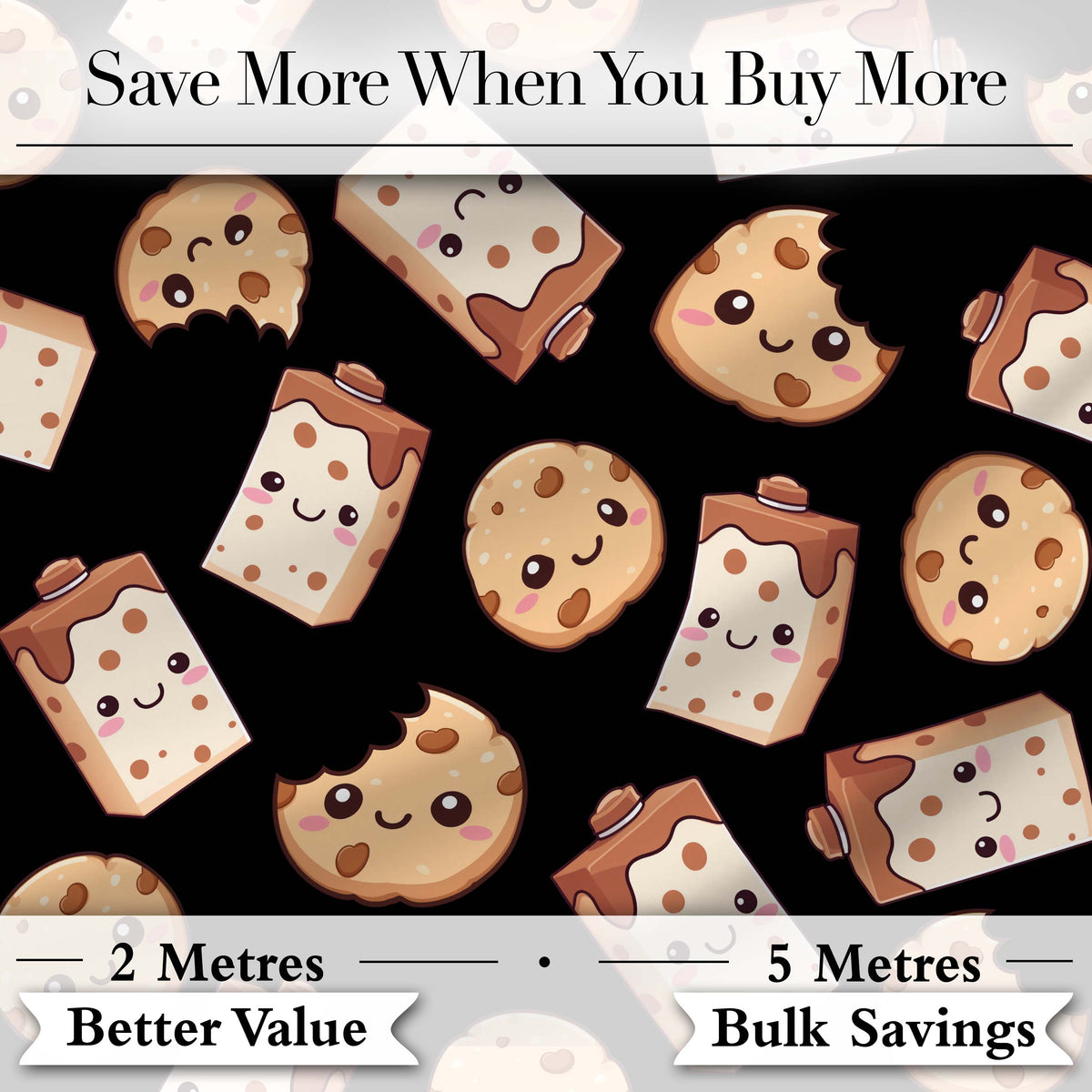 Cute Kawaii Cookies and Chocolate Milk Carton Black Background Seamless Pattern Digital Print Fabric by the Metre UK Sewing Quilting Textile