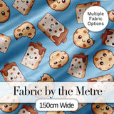 Cute Kawaii Cookies and Chocolate Milk Carton Blue Background Seamless Pattern Digital Print Fabric by the Metre UK Sewing Quilting Textile