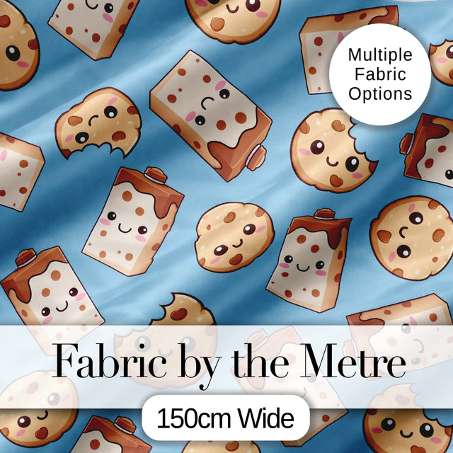 Cute Kawaii Cookies and Chocolate Milk Carton Blue Background Seamless Pattern Digital Print Fabric by the Metre UK Sewing Quilting Textile