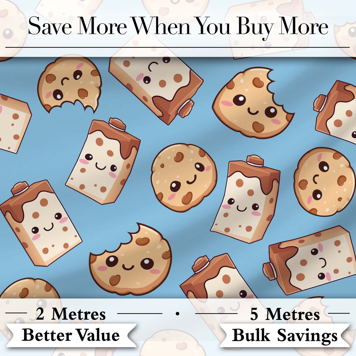 Cute Kawaii Cookies and Chocolate Milk Carton Blue Background Seamless Pattern Digital Print Fabric by the Metre UK Sewing Quilting Textile