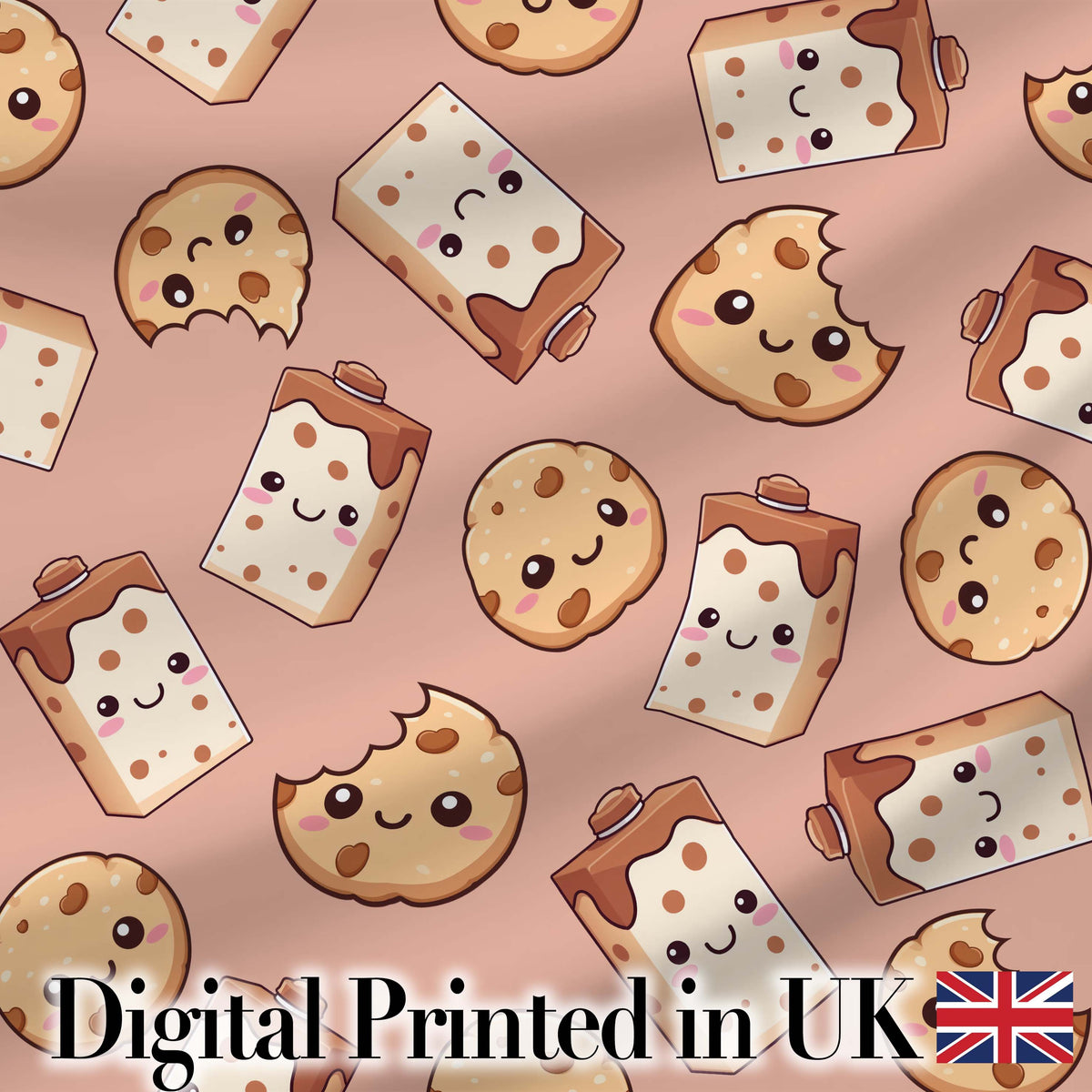 Cute Kawaii Cookies and Chocolate Milk Carton Brown Background Seamless Pattern Digital Print Fabric by the Metre UK Sewing Quilting Textile