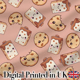 Cute Kawaii Cookies and Chocolate Milk Carton Brown Background Seamless Pattern Digital Print Fabric by the Metre UK Sewing Quilting Textile