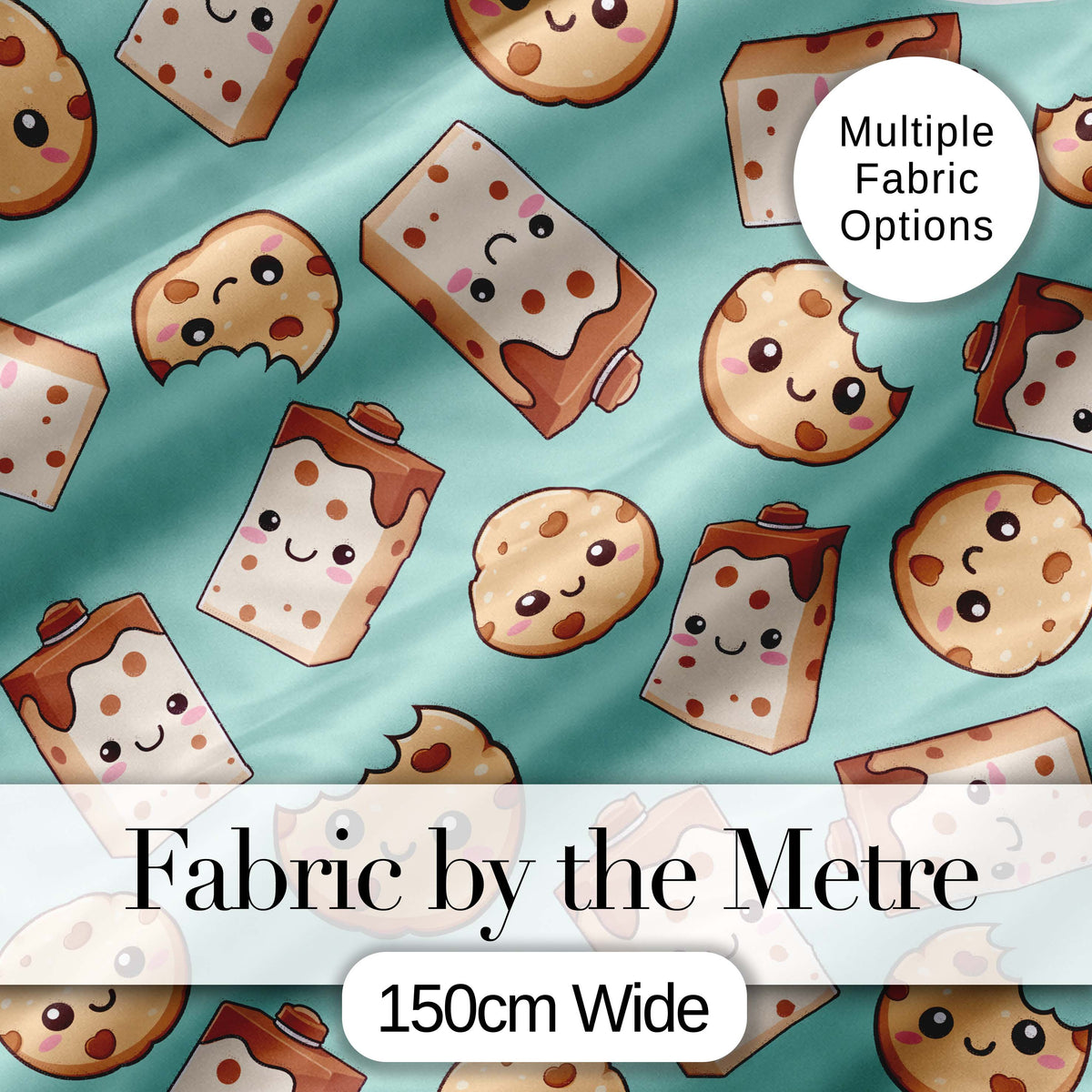 Cute Kawaii Cookies and Chocolate Milk Carton Teal Background Seamless Pattern Digital Print Fabric by the Metre UK Sewing Quilting Textile