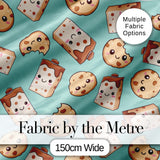 Cute Kawaii Cookies and Chocolate Milk Carton Teal Background Seamless Pattern Digital Print Fabric by the Metre UK Sewing Quilting Textile