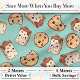 Cute Kawaii Cookies and Chocolate Milk Carton Teal Background Seamless Pattern Digital Print Fabric by the Metre UK Sewing Quilting Textile