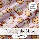 Cute Kawaii Cookies and Chocolate Milk Carton Pink Background Seamless Pattern Digital Print Fabric by the Metre UK Sewing Quilting Textile