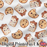 Cute Kawaii Cookies and Chocolate Milk Carton Grey Background Seamless Pattern Digital Print Fabric by the Metre UK Sewing Quilting Textile