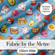 Cute Kawaii Food Characters on Blue Background Seamless Pattern Digital Print Fabric by the Metre UK Sewing Quilting Textile