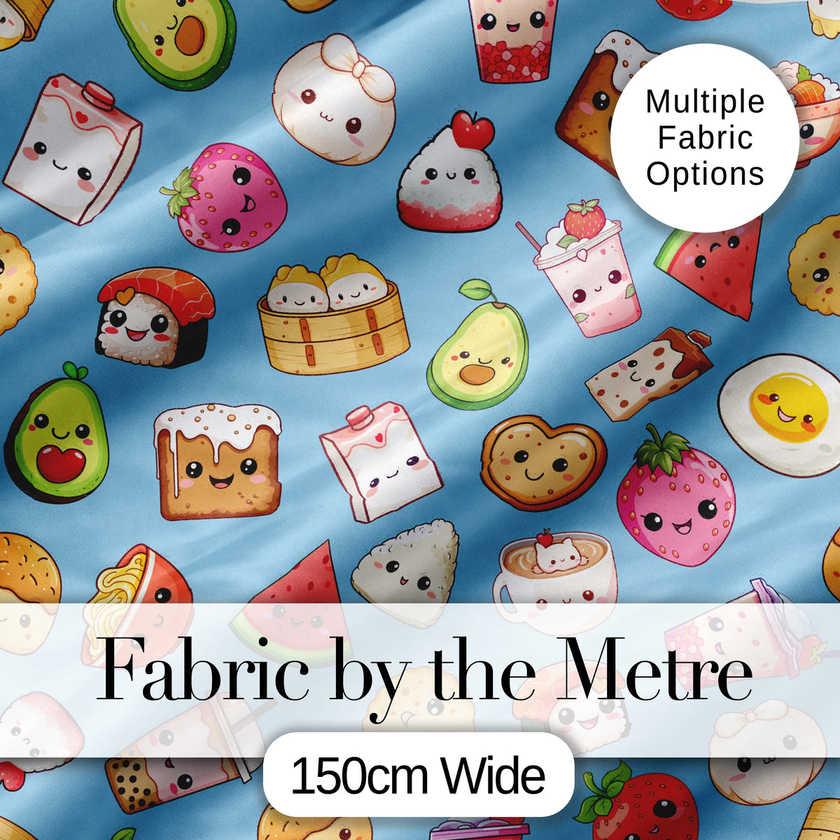 Cute Kawaii Food Characters on Blue Background Seamless Pattern Digital Print Fabric by the Metre UK Sewing Quilting Textile