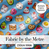 Cute Kawaii Food Characters on Blue Background Seamless Pattern Digital Print Fabric by the Metre UK Sewing Quilting Textile