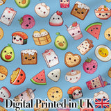 Cute Kawaii Food Characters on Blue Background Seamless Pattern Digital Print Fabric by the Metre UK Sewing Quilting Textile