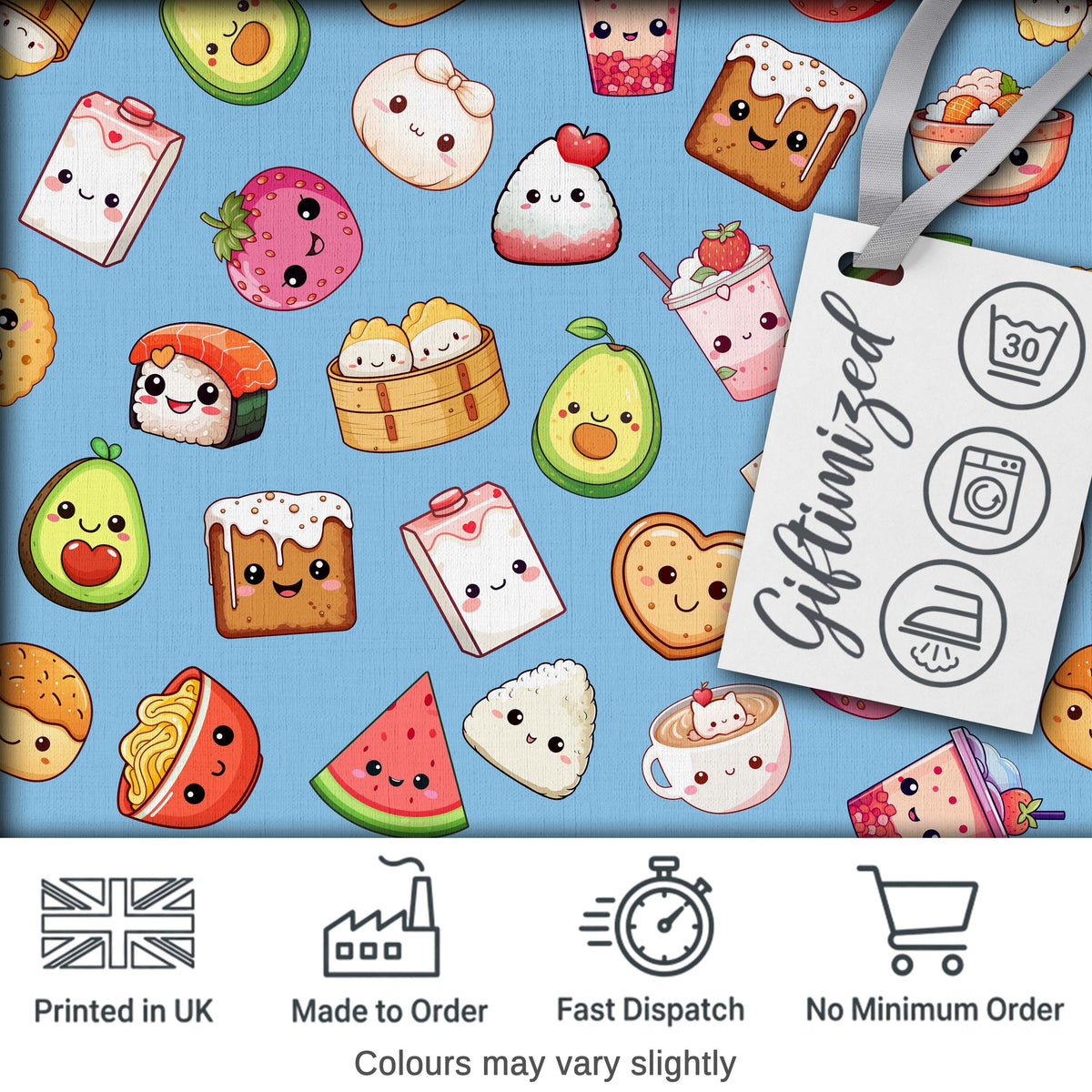 Cute Kawaii Food Characters on Blue Background Seamless Pattern Digital Print Fabric by the Metre UK Sewing Quilting Textile