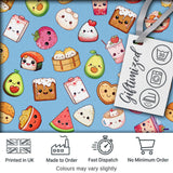 Cute Kawaii Food Characters on Blue Background Seamless Pattern Digital Print Fabric by the Metre UK Sewing Quilting Textile