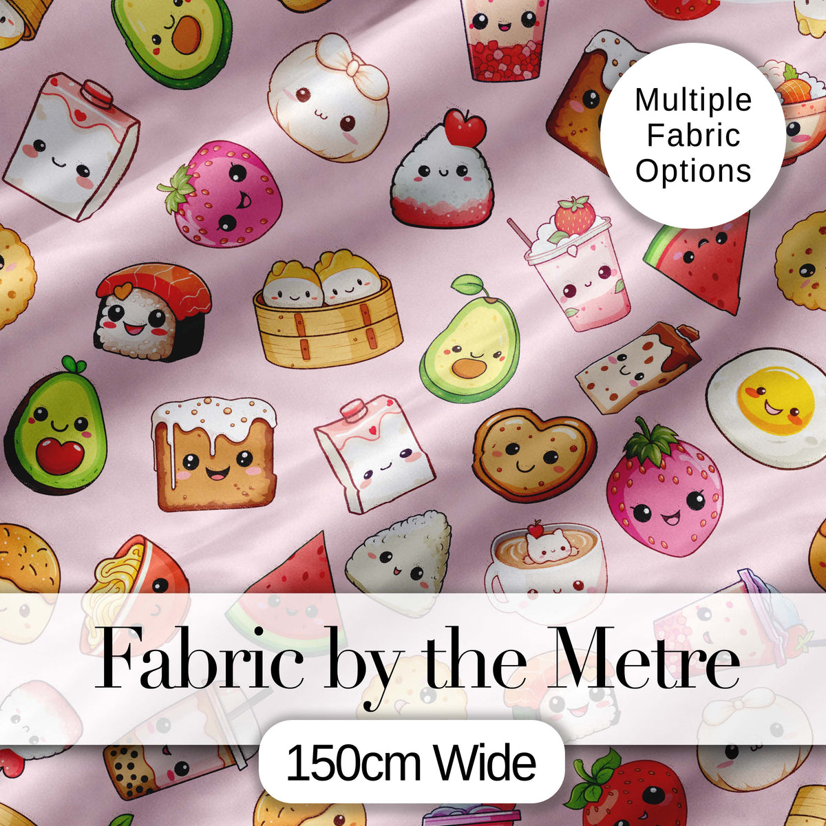 Cute Kawaii Food Characters on Light Pink Background Seamless Pattern Digital Print Fabric by the Metre UK Sewing Quilting Textile