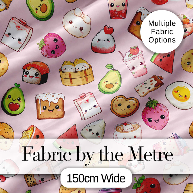 Cute Kawaii Food Characters on Light Pink Background Seamless Pattern Digital Print Fabric by the Metre UK Sewing Quilting Textile
