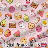 Cute Kawaii Food Characters on Light Pink Background Seamless Pattern Digital Print Fabric by the Metre UK Sewing Quilting Textile