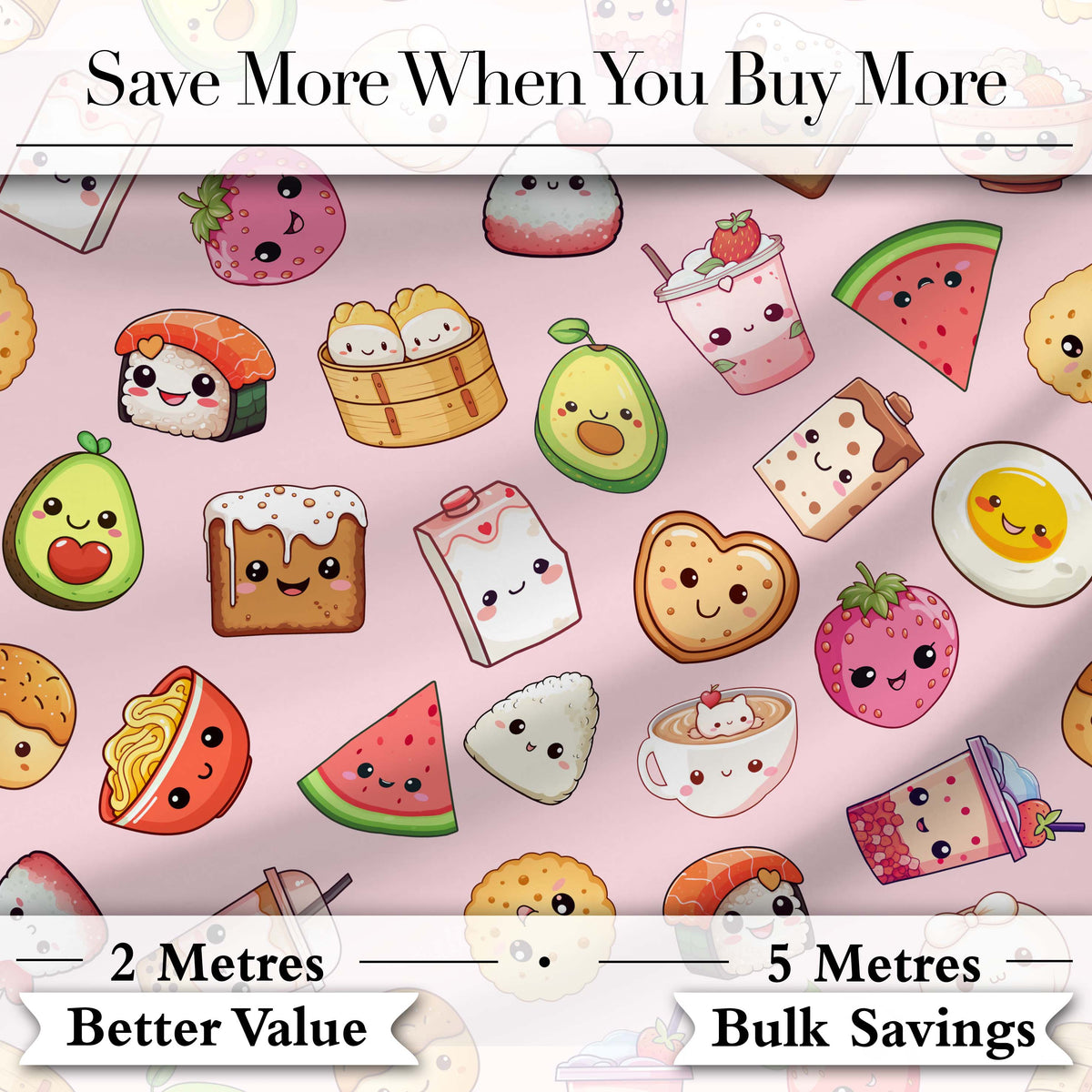 Cute Kawaii Food Characters on Light Pink Background Seamless Pattern Digital Print Fabric by the Metre UK Sewing Quilting Textile