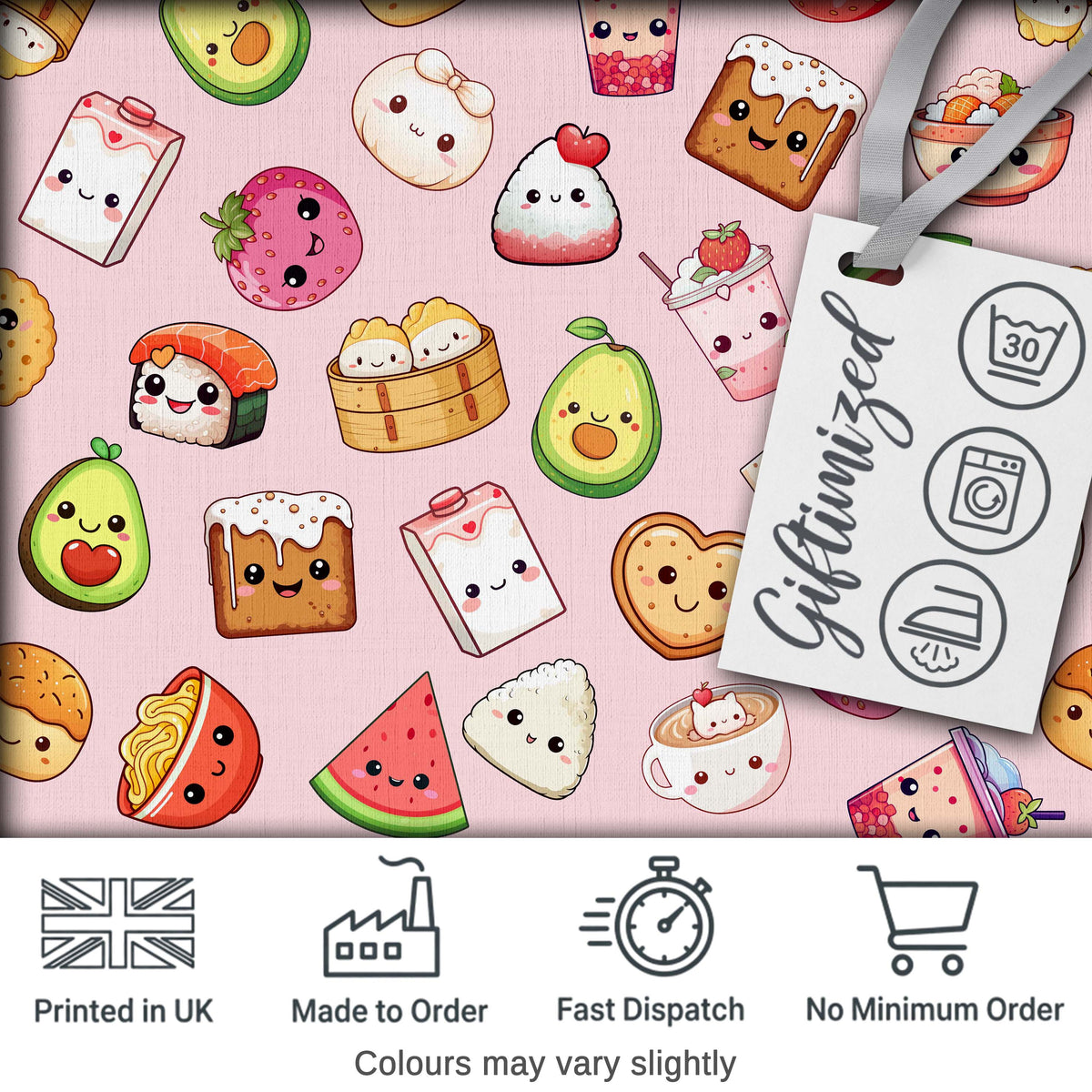Cute Kawaii Food Characters on Light Pink Background Seamless Pattern Digital Print Fabric by the Metre UK Sewing Quilting Textile