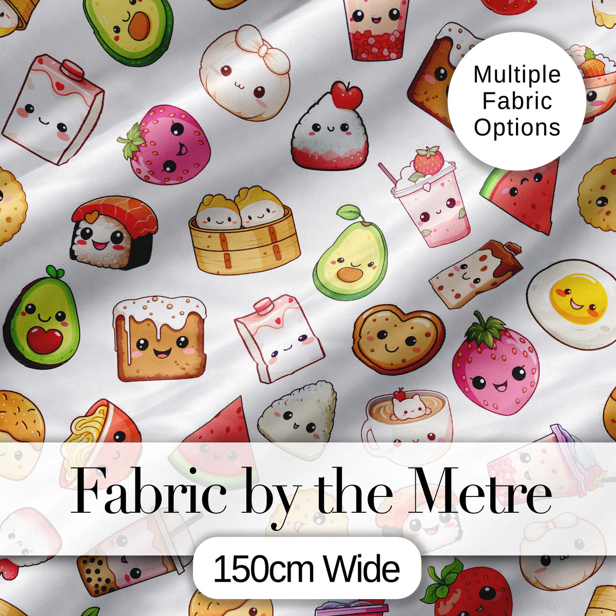 Cute Kawaii Food Characters on Light Grey Background Seamless Pattern Digital Print Fabric by the Metre UK Sewing Quilting Textile