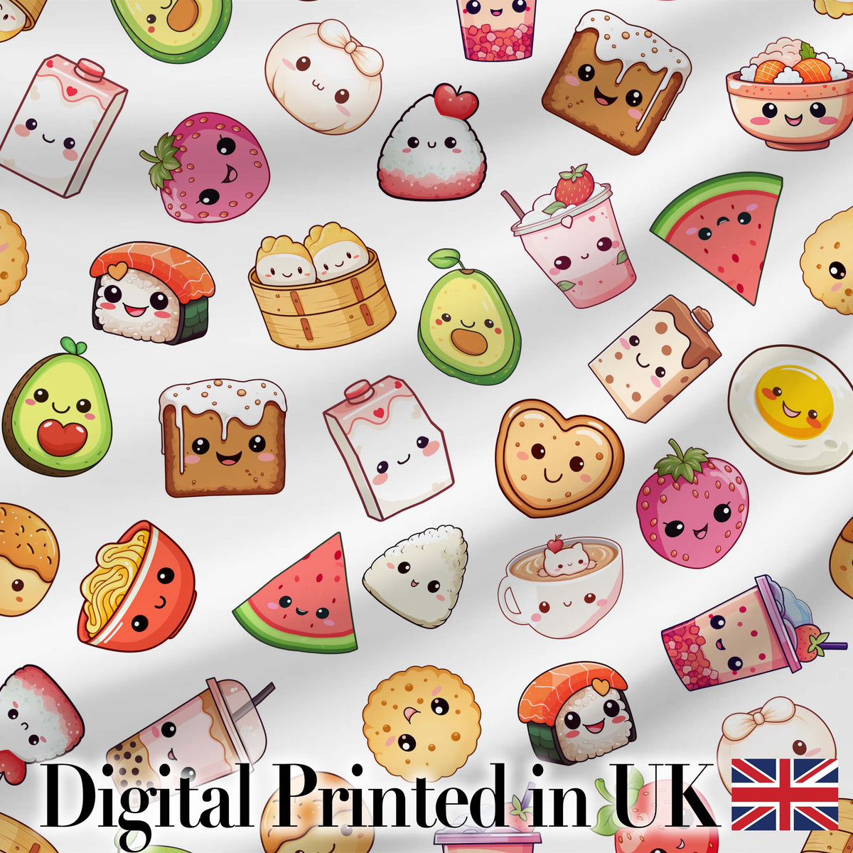 Cute Kawaii Food Characters on Light Grey Background Seamless Pattern Digital Print Fabric by the Metre UK Sewing Quilting Textile