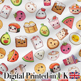 Cute Kawaii Food Characters on Light Grey Background Seamless Pattern Digital Print Fabric by the Metre UK Sewing Quilting Textile