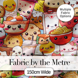 Cute Kawaii Food Collage Characters on Blue Background Seamless Pattern Digital Print Fabric by the Metre UK Sewing Quilting Textile