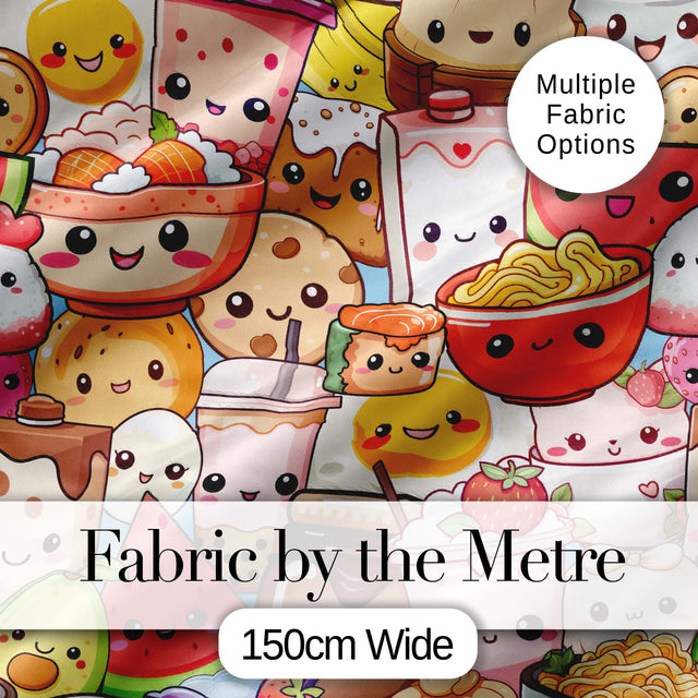 Cute Kawaii Food Collage Characters on Blue Background Seamless Pattern Digital Print Fabric by the Metre UK Sewing Quilting Textile