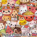 Cute Kawaii Food Collage Characters on Blue Background Seamless Pattern Digital Print Fabric by the Metre UK Sewing Quilting Textile
