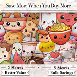 Cute Kawaii Food Collage Characters on Blue Background Seamless Pattern Digital Print Fabric by the Metre UK Sewing Quilting Textile
