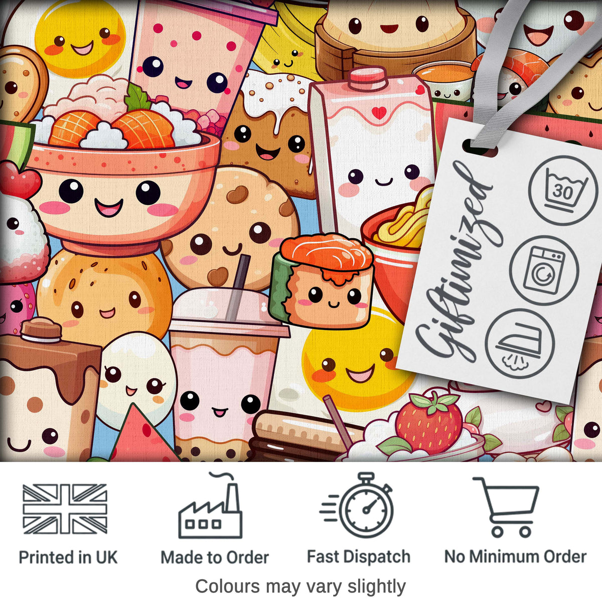 Cute Kawaii Food Collage Characters on Blue Background Seamless Pattern Digital Print Fabric by the Metre UK Sewing Quilting Textile