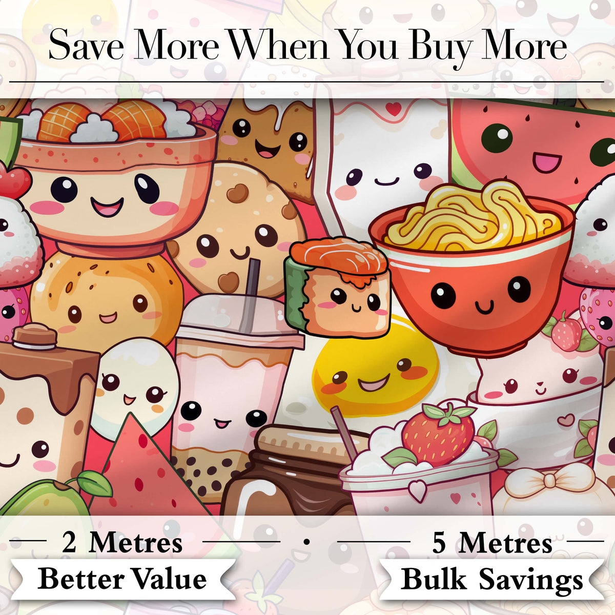 Cute Kawaii Food Collage Characters on Red Background Seamless Pattern Digital Print Fabric by the Metre UK Sewing Quilting Textile