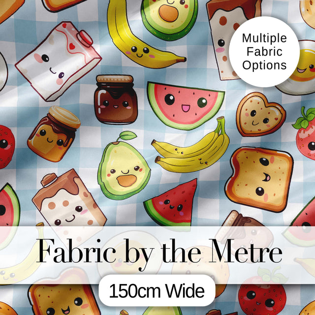 Cute Kawaii Breakfast Food Characters on Checkered Background Seamless Pattern Digital Print Fabric by the Metre UK Sewing Quilting Textile