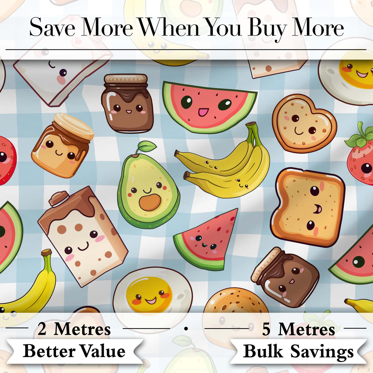 Cute Kawaii Breakfast Food Characters on Checkered Background Seamless Pattern Digital Print Fabric by the Metre UK Sewing Quilting Textile
