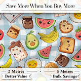 Cute Kawaii Breakfast Food Characters on Checkered Background Seamless Pattern Digital Print Fabric by the Metre UK Sewing Quilting Textile