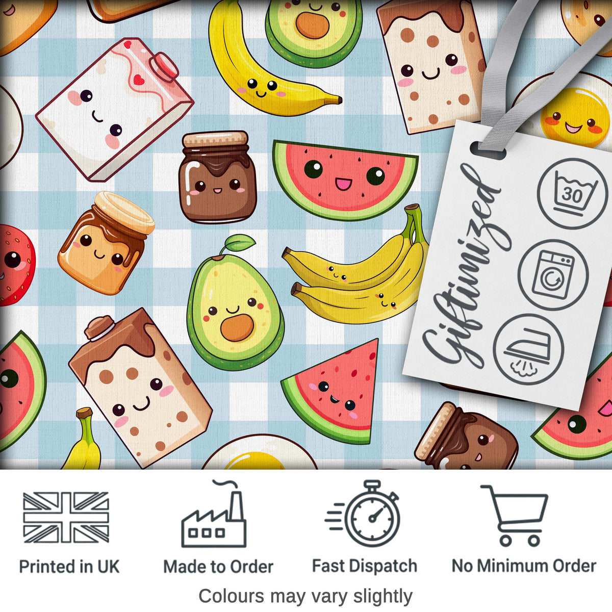 Cute Kawaii Breakfast Food Characters on Checkered Background Seamless Pattern Digital Print Fabric by the Metre UK Sewing Quilting Textile