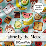 Cute Kawaii Breakfast Food Characters on Mint Check Background Seamless Pattern Digital Print Fabric by the Metre UK Sewing Quilting Textile