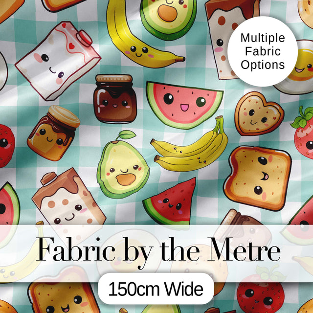 Cute Kawaii Breakfast Food Characters on Mint Check Background Seamless Pattern Digital Print Fabric by the Metre UK Sewing Quilting Textile
