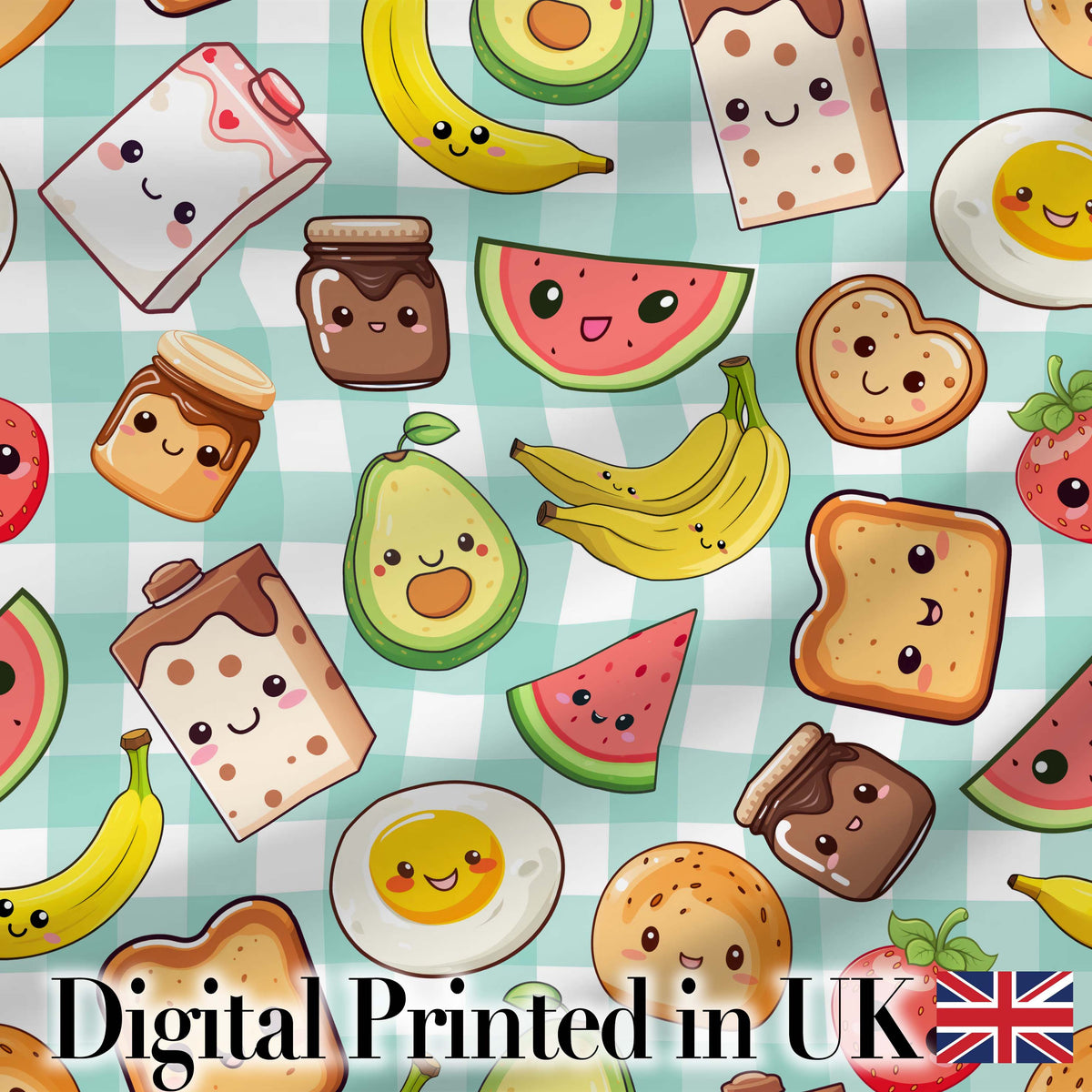 Cute Kawaii Breakfast Food Characters on Mint Check Background Seamless Pattern Digital Print Fabric by the Metre UK Sewing Quilting Textile