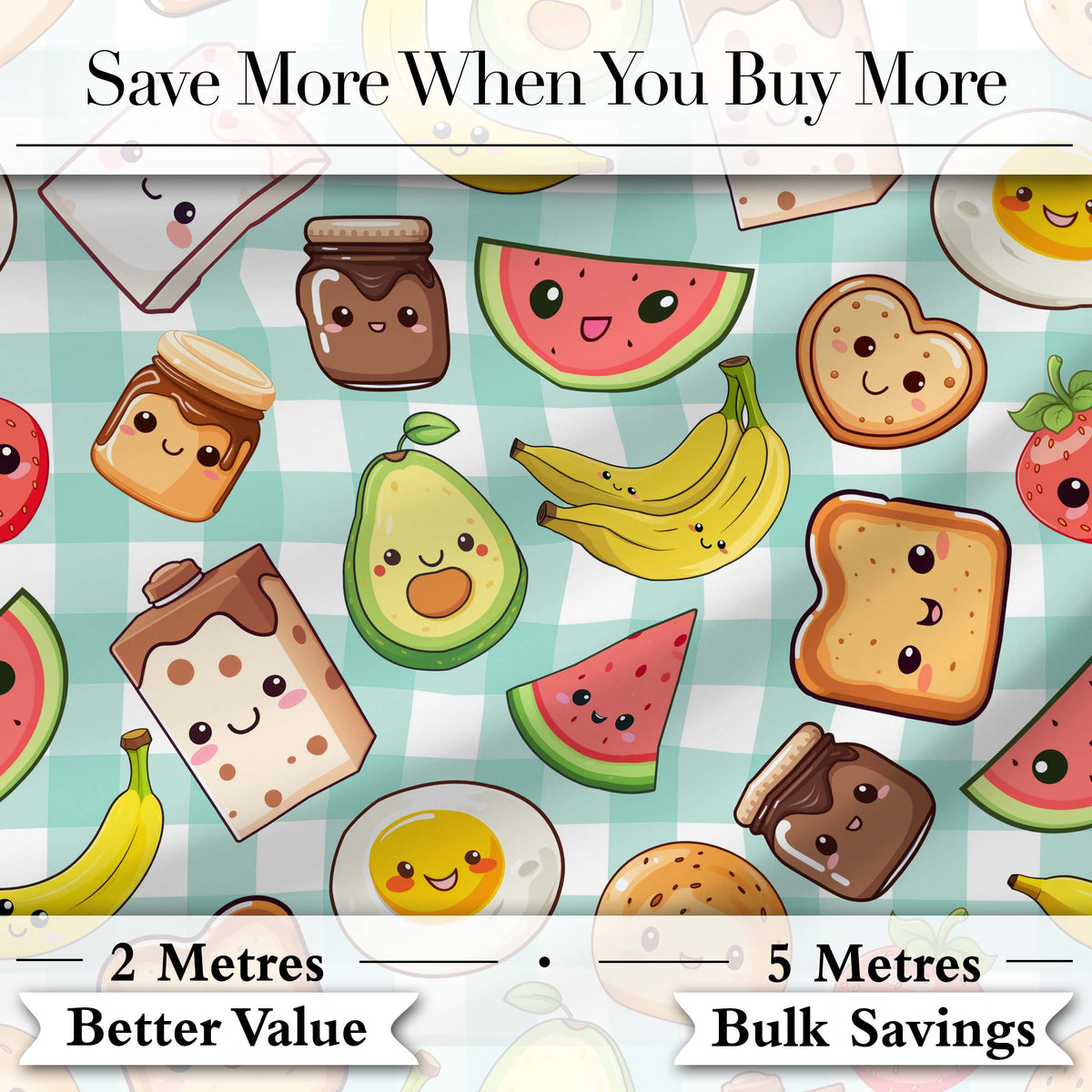 Cute Kawaii Breakfast Food Characters on Mint Check Background Seamless Pattern Digital Print Fabric by the Metre UK Sewing Quilting Textile