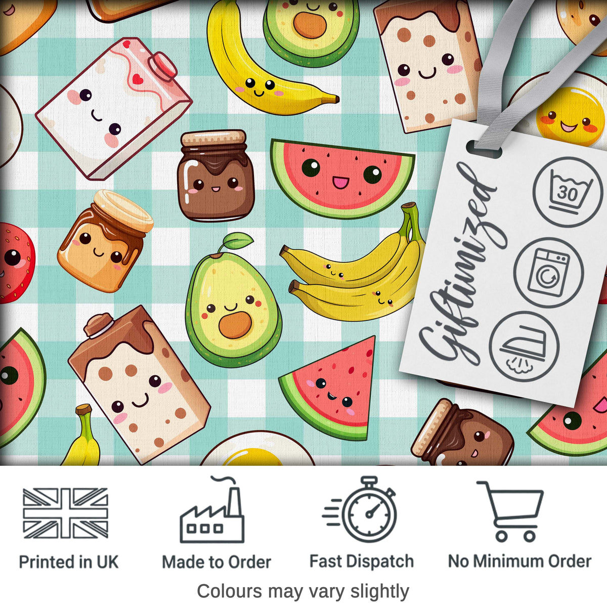 Cute Kawaii Breakfast Food Characters on Mint Check Background Seamless Pattern Digital Print Fabric by the Metre UK Sewing Quilting Textile