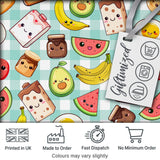 Cute Kawaii Breakfast Food Characters on Mint Check Background Seamless Pattern Digital Print Fabric by the Metre UK Sewing Quilting Textile