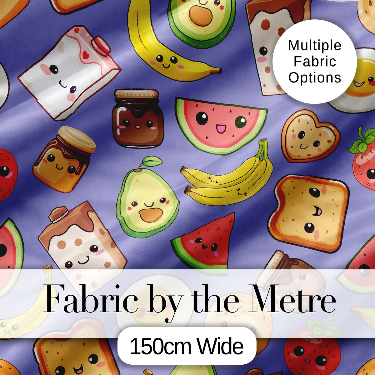 Cute Kawaii Breakfast Food Characters on Purple Background Seamless Pattern Digital Print Fabric by the Metre UK Sewing Quilting Textile