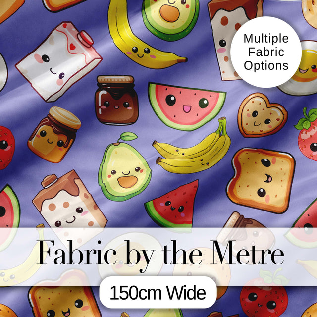 Cute Kawaii Breakfast Food Characters on Purple Background Seamless Pattern Digital Print Fabric by the Metre UK Sewing Quilting Textile