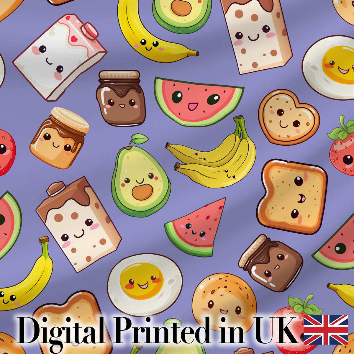 Cute Kawaii Breakfast Food Characters on Purple Background Seamless Pattern Digital Print Fabric by the Metre UK Sewing Quilting Textile