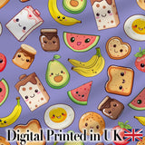 Cute Kawaii Breakfast Food Characters on Purple Background Seamless Pattern Digital Print Fabric by the Metre UK Sewing Quilting Textile