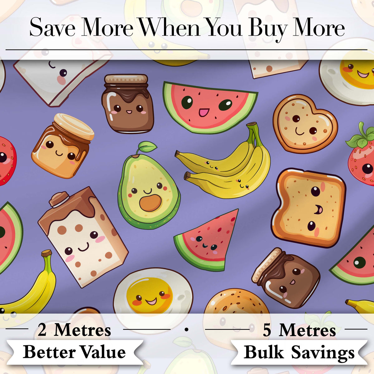 Cute Kawaii Breakfast Food Characters on Purple Background Seamless Pattern Digital Print Fabric by the Metre UK Sewing Quilting Textile