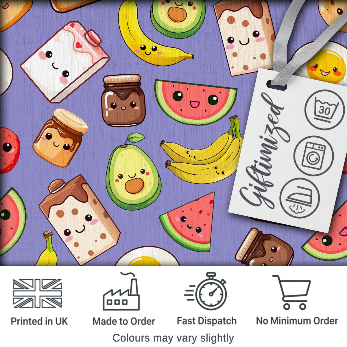 Cute Kawaii Breakfast Food Characters on Purple Background Seamless Pattern Digital Print Fabric by the Metre UK Sewing Quilting Textile
