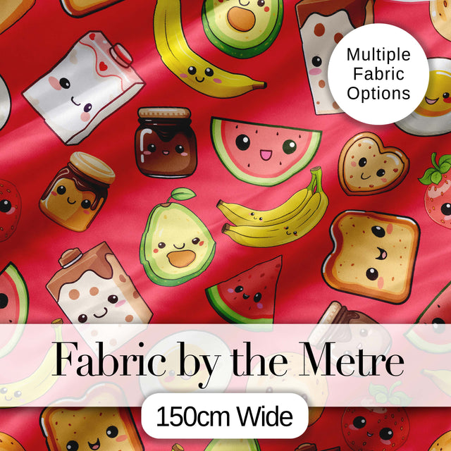 Cute Kawaii Breakfast Food Characters on Red Background Seamless Pattern Digital Print Fabric by the Metre UK Sewing Quilting Textile