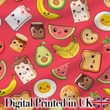 Cute Kawaii Breakfast Food Characters on Red Background Seamless Pattern Digital Print Fabric by the Metre UK Sewing Quilting Textile