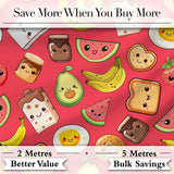 Cute Kawaii Breakfast Food Characters on Red Background Seamless Pattern Digital Print Fabric by the Metre UK Sewing Quilting Textile